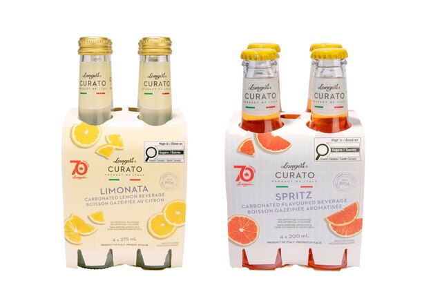 Longo’s Curato Limonata and Spritz Italian sparkling beverages in multipacks with lemon and grapefruit flavors.